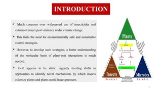 3
INTRODUCTION
 Much concerns over widespread use of insecticides and
enhanced insect pest virulence under climate change.
 This fuels the need for environmentally safe and sustainable
control strategies.
 However, to develop such strategies, a better understanding
of the molecular basis of plant-pest interactions is much
needed.
 Field appears to be static, urgently needing shifts in
approaches to identify novel mechanisms by which insects
colonize plants and plants avoid insect pressure.
 