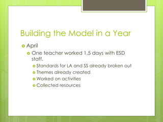 Building the Model in a Year
 April
     One teacher worked 1.5 days with ESD
      staff.
       Standards for LA and SS already broken out
       Themes already created
       Worked on activities
       Collected resources
 