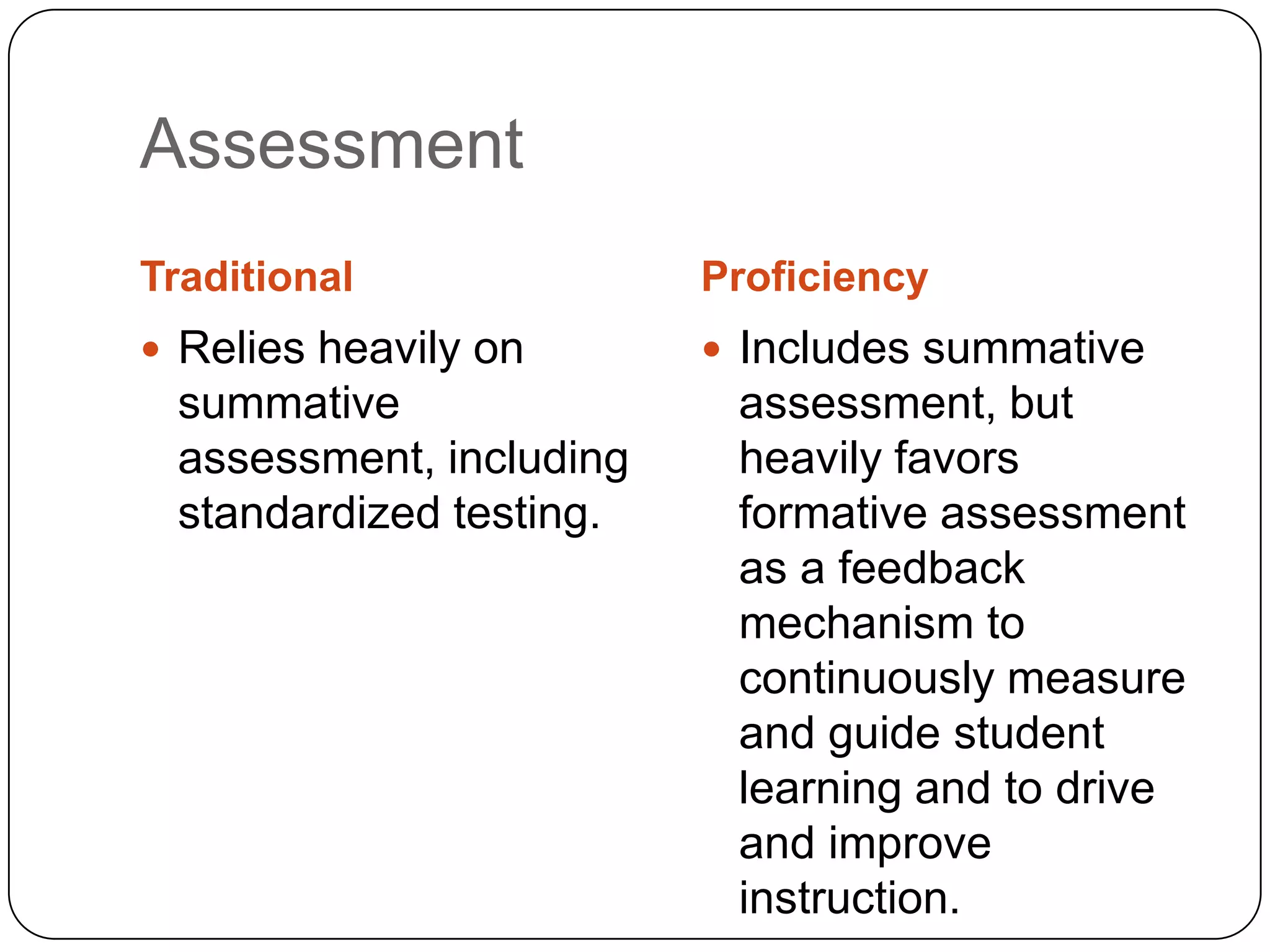 Assessment
Traditional              Proficiency
 Relies heavily on       Includes summative
 summative                assessment, but
 assessment, including    heavily favors
 standardized testing.    formative assessment
                          as a feedback
                          mechanism to
                          continuously measure
                          and guide student
                          learning and to drive
                          and improve
                          instruction.
 