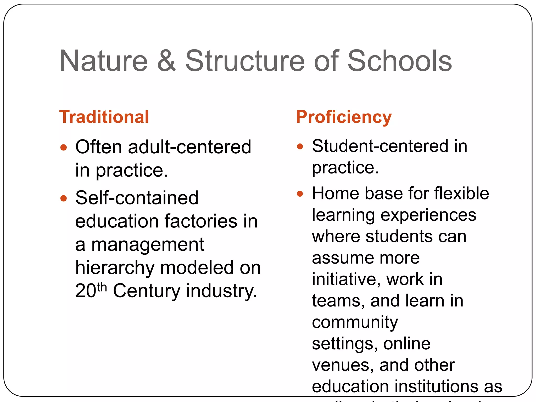 Nature & Structure of Schools
Traditional                Proficiency
 Often adult-centered      Student-centered in
  in practice.               practice.
 Self-contained            Home base for flexible
  education factories in     learning experiences
  a management               where students can
                             assume more
  hierarchy modeled on
                             initiative, work in
  20th Century industry.     teams, and learn in
                             community
                             settings, online
                             venues, and other
                             education institutions as
 