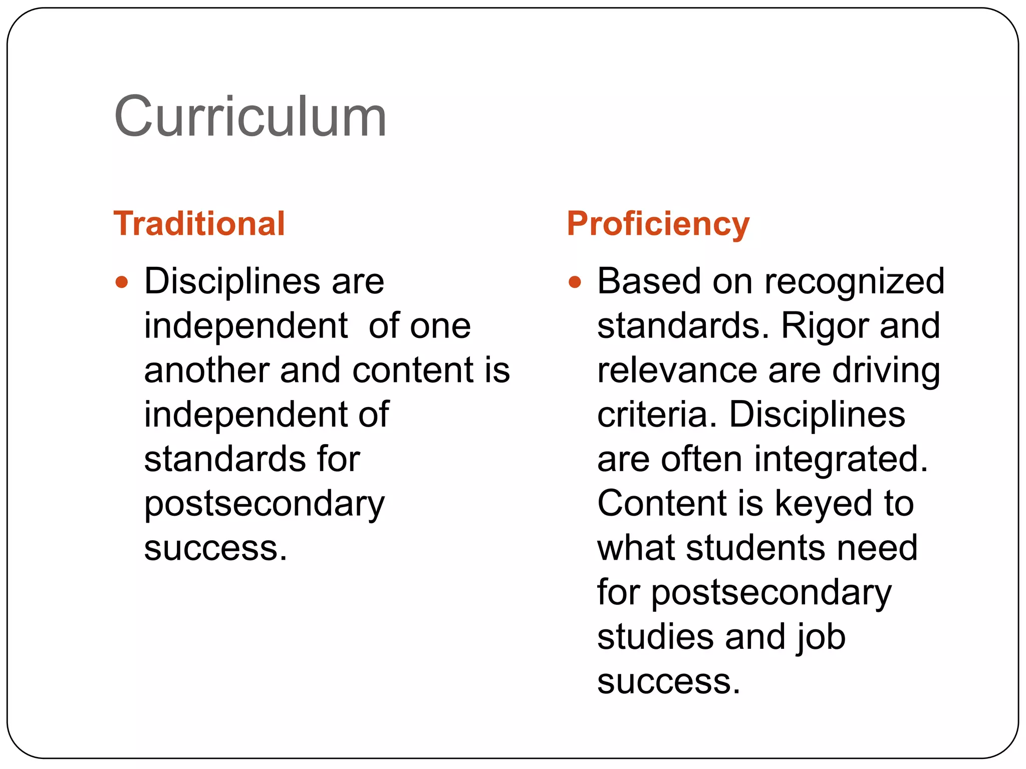 Curriculum
Traditional               Proficiency
 Disciplines are          Based on recognized
 independent of one        standards. Rigor and
 another and content is    relevance are driving
 independent of            criteria. Disciplines
 standards for             are often integrated.
 postsecondary             Content is keyed to
 success.                  what students need
                           for postsecondary
                           studies and job
                           success.
 