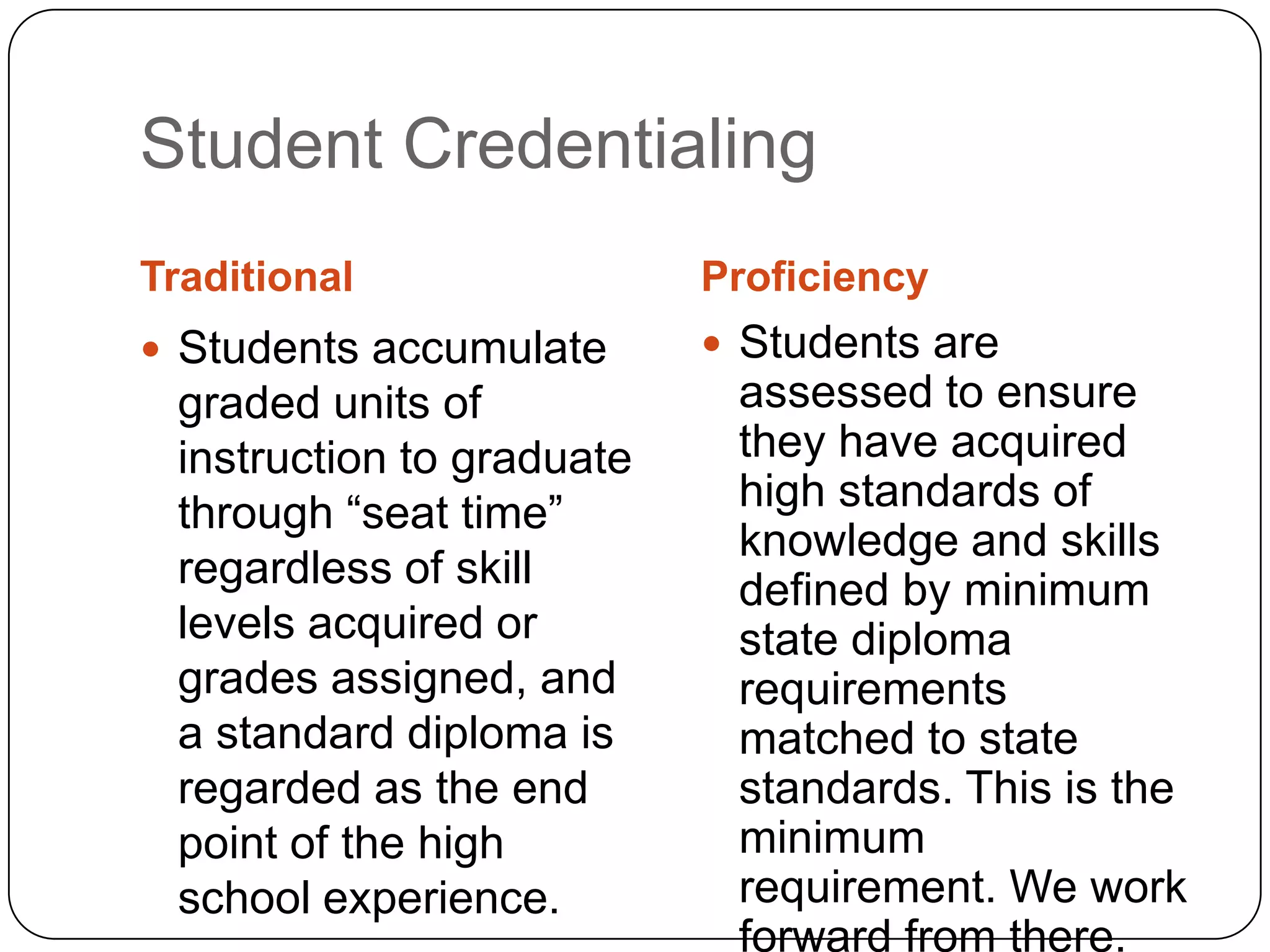 Student Credentialing
Traditional                Proficiency
 Students accumulate       Students are
 graded units of            assessed to ensure
 instruction to graduate    they have acquired
 through “seat time”        high standards of
                            knowledge and skills
 regardless of skill        defined by minimum
 levels acquired or         state diploma
 grades assigned, and       requirements
 a standard diploma is      matched to state
 regarded as the end        standards. This is the
 point of the high          minimum
 school experience.         requirement. We work
                            forward from there.
 