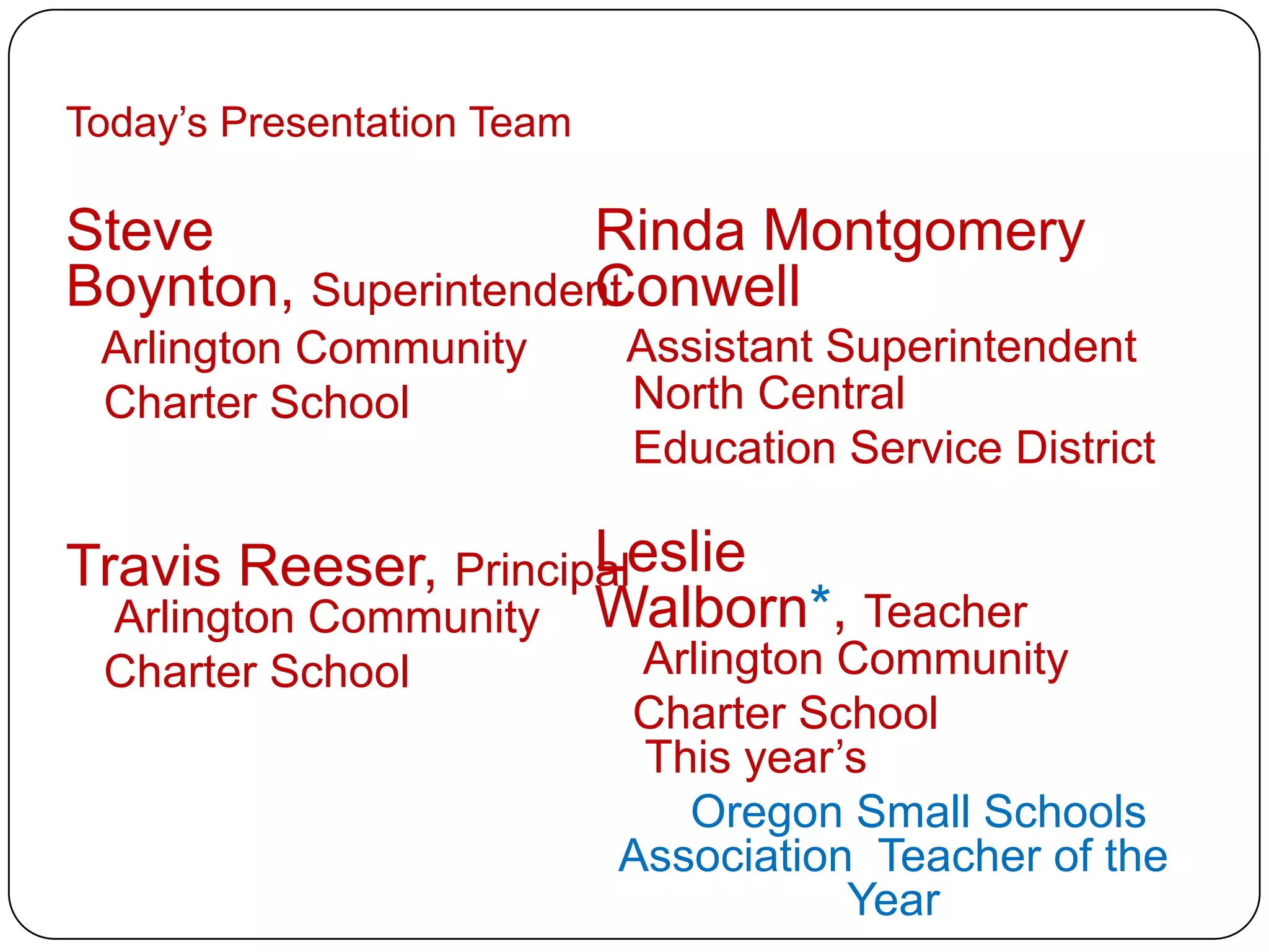 Today‟s Presentation Team

Steve                Rinda Montgomery
Boynton, Superintendent
                     Conwell
 Arlington Community        Assistant Superintendent
 Charter School             North Central
                            Education Service District

                      Leslie
Travis Reeser, Principal
  Arlington Community Walborn*, Teacher
 Charter School              Arlington Community
                            Charter School
                             This year‟s
                               Oregon Small Schools
                            Association Teacher of the
                                       Year
 
