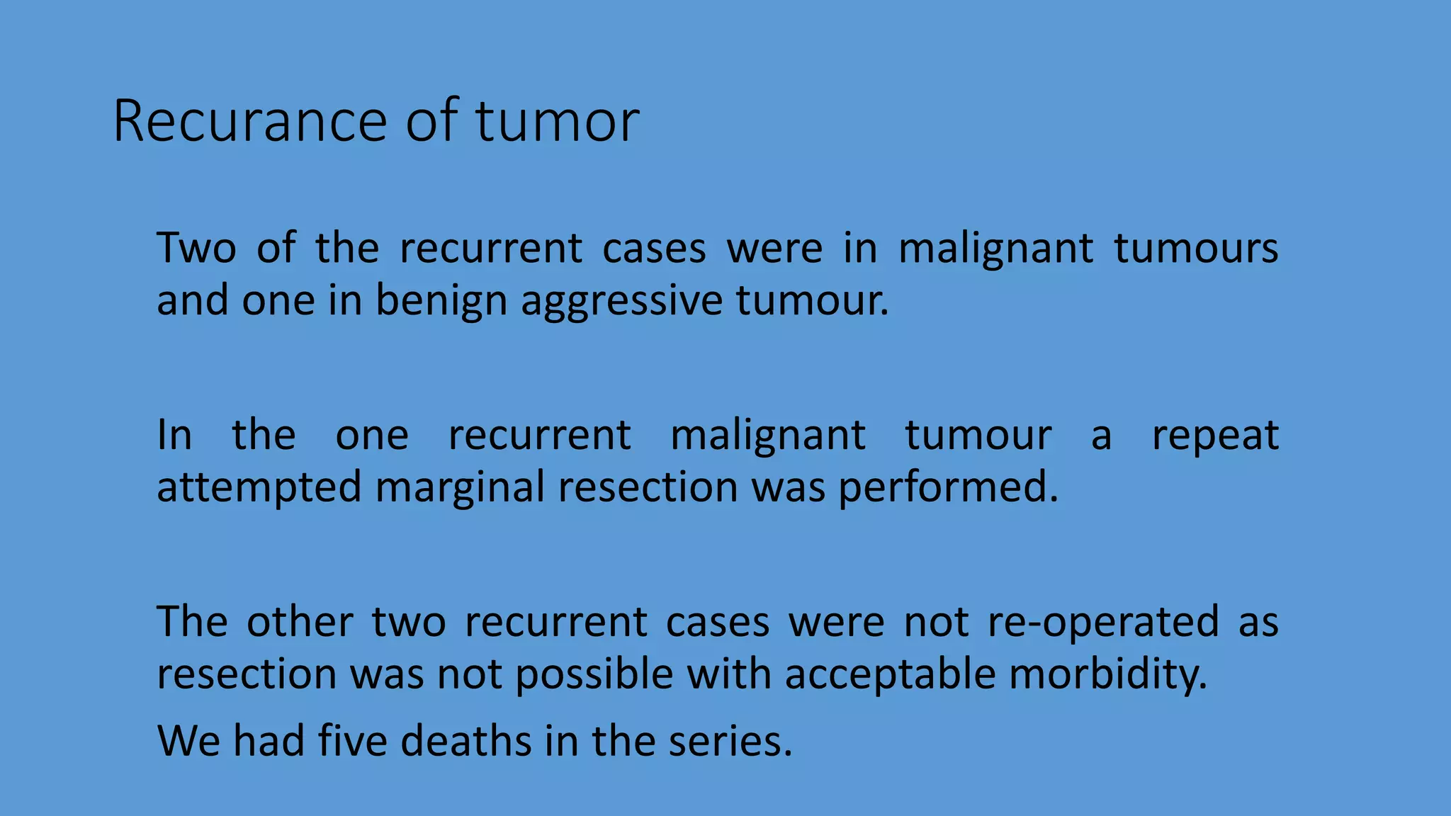 Recurance of tumor
Two of the recurrent cases were in malignant tumours
and one in benign aggressive tumour.
In the one recurrent malignant tumour a repeat
attempted marginal resection was performed.
The other two recurrent cases were not re-operated as
resection was not possible with acceptable morbidity.
We had five deaths in the series.
 