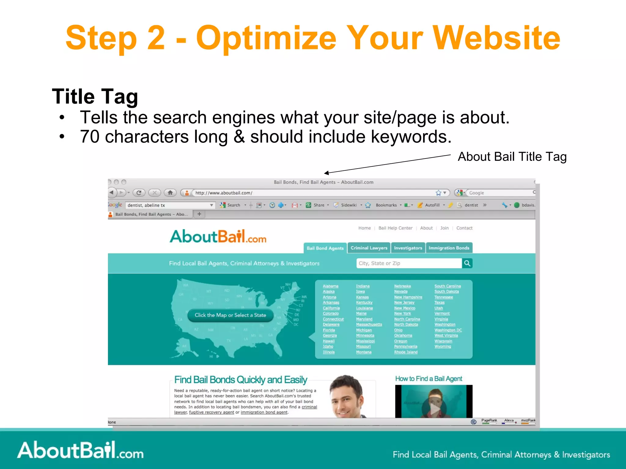 Step 2 - Optimize Your Website Title Tag  Tells the search engines what your site/page is about. 70 characters long & should include keywords.  About Bail Title Tag 
