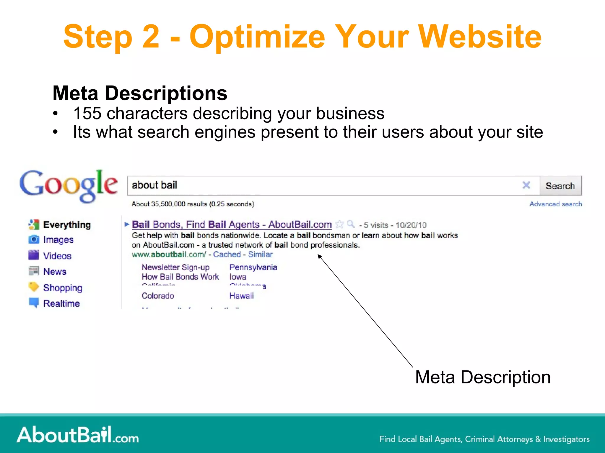 Step 2 - Optimize Your Website Meta Descriptions  155 characters describing your business Its what search engines present to their users about your site Meta Description 