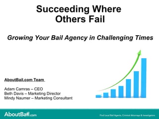 Succeeding Where  Others Fail Growing Your Bail Agency in Challenging Times AboutBail.com Team   Adam Camras – CEO Beth Davis – Marketing Director Mindy Naumer – Marketing Consultant  