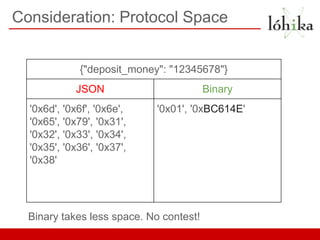 Consideration: Protocol Space


             {"deposit_money": "12345678"}
             JSON                        Binary
  '0x6d', '0x6f', '0x6e',   '0x01', '0xBC614E'
  '0x65', '0x79', '0x31',
  '0x32', '0x33', '0x34',
  '0x35', '0x36', '0x37',
  '0x38'




  Binary takes less space. No contest!
 