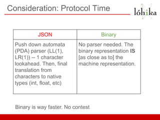 Consideration: Protocol Time


            JSON                      Binary
  Push down automata         No parser needed. The
  (PDA) parser (LL(1),       binary representation IS
  LR(1)) -- 1 character      [as close as to] the
  lookahead. Then, final     machine representation.
  translation from
  characters to native
  types (int, float, etc)



  Binary is way faster. No contest
 