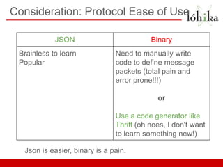 Consideration: Protocol Ease of Use

            JSON                          Binary
 Brainless to learn            Need to manually write
 Popular                       code to define message
                               packets (total pain and
                               error prone!!!)

                                            or

                               Use a code generator like
                               Thrift (oh noes, I don't want
                               to learn something new!)

  Json is easier, binary is a pain.
 