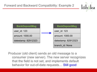 Forward and Backward Compatibility: Example 2




        BankDepositMsg            BankDepositMsg

      user_id: 123              user_id: 123

      amount: 1000.00           amount: 1000.00

      datestamp: 82912323       datestamp: 82912323

                                branch_id: None


  Producer (old client) sends an old message to a
    consumer (new server). The new server recognizes
    that the ﬁeld is not set, and implements default
    behavior for out-of-date requests… Still good
 
