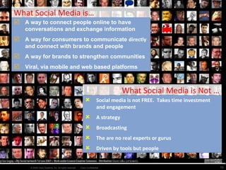Social Media Basic Training http://linasrivastava.com   http://riptideonline.com   A way to connect people online to have conversations and exchange information A way for consumers to communicate  directly  and connect with brands and people A way for brands to strengthen communities Viral, via mobile and web based platforms What Social Media is… Social media is not FREE.  Takes time investment and engagement A strategy Broadcasting The are no real experts or gurus Driven by tools but people What Social Media is Not … 