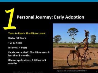 Personal Journey: Early Adoption 1 http://www.flickr.com/photos/dimarg/2911584814/ Years to Reach 50 millions Users:   Radio: 38 Years TV: 13 Years Internet: 4 Years Facebook: added 100 million users in less than 9 months iPhone applications: 1 billion in 9 months 