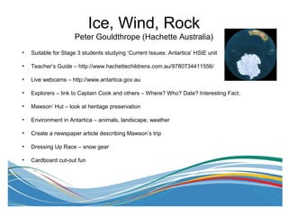 Ice, Wind, Rock
Peter Gouldthrope (Hachette Australia)
• Suitable for Stage 3 students studying ‘Current Issues: Antartica’ HSIE unit
• Teacher’s Guide – http://www.hachettechildrens.com.au/9780734411556/
• Live webcams – http://www.antartica.gov.au
• Explorers – link to Captain Cook and others – Where? Who? Date? Interesting Fact.
• Mawson’ Hut – look at heritage preservation
• Environment in Antartica – animals, landscape, weather
• Create a newspaper article describing Mawson’s trip
• Dressing Up Race – snow gear
• Cardboard cut-out fun
 