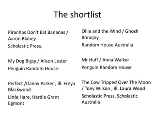 The shortlist
Piranhas Don't Eat Bananas /
Aaron Blabey
Scholastic Press.
My Dog Bigsy / Alison Lester
Penguin Random House.
Perfect /Danny Parker ; ill. Freya
Blackwood
Little Hare, Hardie Grant
Egmont
Ollie and the Wind / Ghosh
Ronojoy
Random House Australia
Mr Huff / Anna Walker
Penguin Random House
The Cow Tripped Over The Moon
/ Tony Wilson ; ill. Laura Wood
Scholastic Press, Scholastic
Australia
 