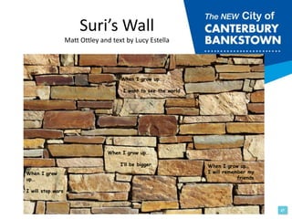 Suri’s Wall
Matt Ottley and text by Lucy Estella
Raindrops on roses and whiskers on kittens
Bright copper kettles and warm woollen mittens
Brown paper packages tied up with strings
These are a few of my favorite things
When the dog bites,
when the bee stings
When I'm feeling sad
I simply remember my favorite things
And then I don't feel so bad
When I grow up…
I’ll be bigger
When I grow up….
I want to see the world
When I grow
up…
I will stop wars
When I grow up…
I will remember my
friends
 