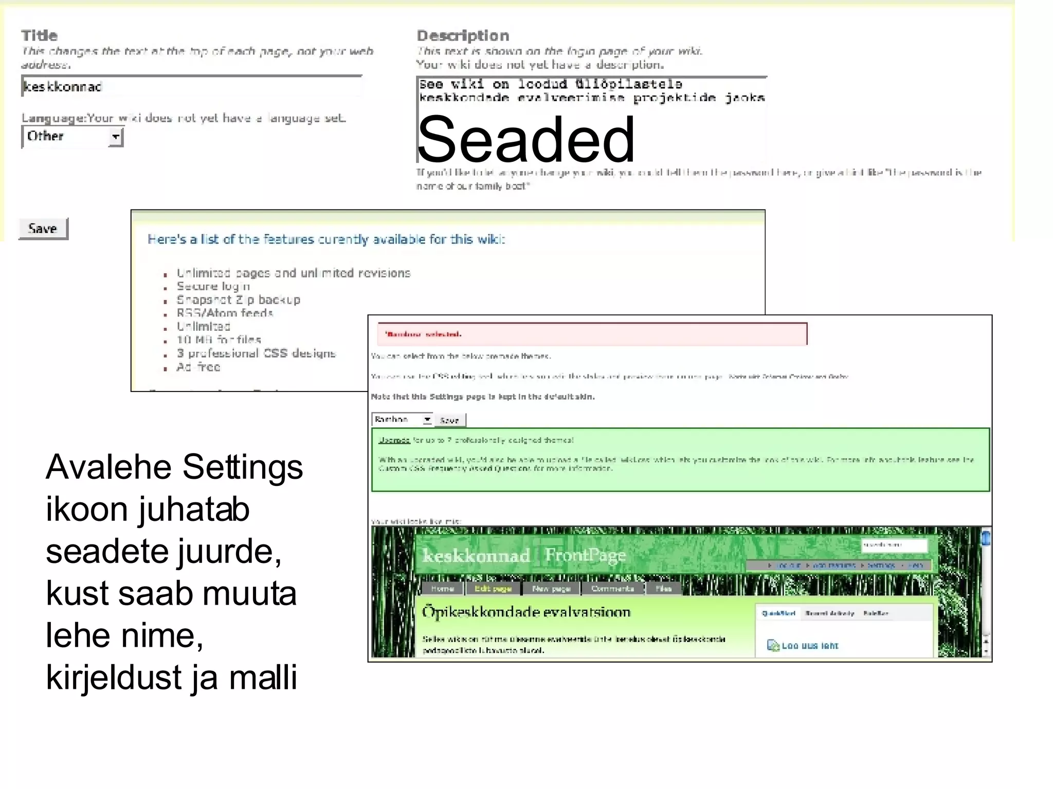 Seaded Avalehe Settings ikoon juhatab seadete juurde, kust saab muuta lehe nime, kirjeldust ja malli 