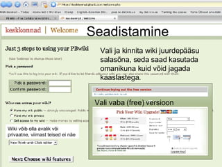 Seadistamine Vali ja kinnita wiki juurdepääsu salasõna, seda saad kasutada omanikuna kuid võid jagada kaaslastega. Wiki võib olla avalik või privaatne, viimast teised ei näe Vali vaba (free) versioon 