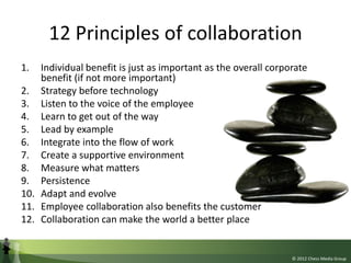 12 Principles of collaboration
1.  Individual benefit is just as important as the overall corporate
    benefit (if not mo...