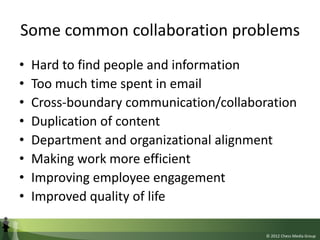 Some common collaboration problems
•   Hard to find people and information
•   Too much time spent in email
•   Cross-boun...