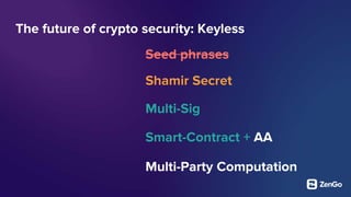 The future of crypto security: Keyless
Shamir Secret
Multi-Sig
Smart-Contract + AA
Multi-Party Computation
Seed phrases
 