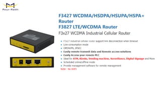 F3427 WCDMA/HSDPA/HSUPA/HSPA+
Router
F3827 LTE/WCDMA Router
 