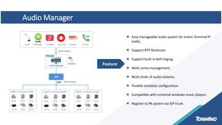 Feature
 Easy manageable audio system for entire Tonmind IP
audio.
 Support RTP Multicast.
 Support built-in bell ringing.
 Multi zones management.
 Multi kinds of audio streams.
 Flexible schedule configuration.
 Compatible with universal windows music players.
 Register to PA system via SIP trunk
Audio Manager
 