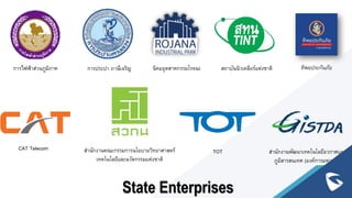 State Enterprises
การประปา ภาษีเจริญ
การไฟฟ้าส่วนภูมิภาค นิคมอุตสาหกรรมโรจนะ สถาบันนิวเคลียร์แห่งชาติ ทิพยประกันภัย
CAT Telecom สานักงานคณะกรรมการนโยบายวิทยาศาสตร์
เทคโนโลยีและนวัตกรรมแห่งชาติ
TOT สานักงานพัฒนาเทคโนโลยีอวกาศและ
ภูมิสารสนเทศ (องค์การมหาชน).
 