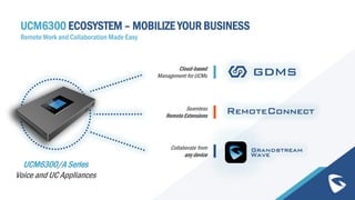 UCM6300 ECOSYSTEM – MOBILIZE YOUR BUSINESS
Remote Work and Collaboration Made Easy
Cloud-based
Management for UCMs
Seamless
Remote Extensions
Collaborate from
any device
UCM6300/A Series
Voice and UC Appliances
 