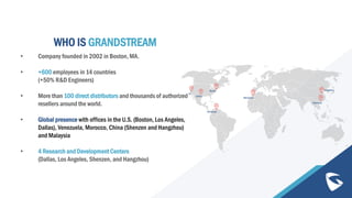WHO IS GRANDSTREAM
• Company founded in 2002 in Boston, MA.
• +600 employees in 14 countries
(+50% R&D Engineers)
• More than 100 direct distributors and thousands of authorized
resellers around the world.
• Global presence with offices in the U.S. (Boston, Los Angeles,
Dallas), Venezuela, Morocco, China (Shenzen and Hangzhou)
and Malaysia
• 4 Research and Development Centers
(Dallas, Los Angeles, Shenzen, and Hangzhou)
Boston
Venezuela
Marruecos
Hangzhou
Shenzhen
Dallas
LA
 