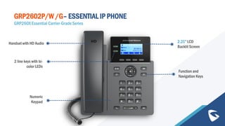 Handset with HD Audio 2.21” LCD
Backlit Screen
2 line keys with bi-
color LEDs
Numeric
Keypad
Function and
Navigation Keys
GRP2602P/W /G– ESSENTIAL IP PHONE
GRP260X Essential Carrier-Grade Series
 