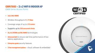 • 2x2:2 MU-MIMO
• Wireless throughput of 1.77 Gbps
• Coverage range of up to 175 meters
• Supports up to 256 concurrent clients
• DL/UL OFDMA and MU-MIMO technologies
• Advanced QoS to ensure real-time performance of low-
latency applications
• Enterprise-grade security features
• 3 free management options – cloud, software & embedded
GWN7660 – 2 x 2 WIFI 6 INDOOR AP
GWN Series Access Points
 