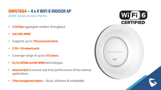 • 3.55 Gbps aggregate wireless throughput
• 4x4:4 MU-MIMO
• Supports up to 750 concurrent clients
• 2.5G + 1G network ports
• Coverage range of up to 175 meters
• DL/UL OFDMA and MU-MIMO technologies
• Advanced QoS to ensure real-time performance of low-latency
applications
• 3 free management options – cloud, software & embedded
GWN7664 – 4 x 4 WIFI 6 INDOOR AP
GWN Series Access Points
 