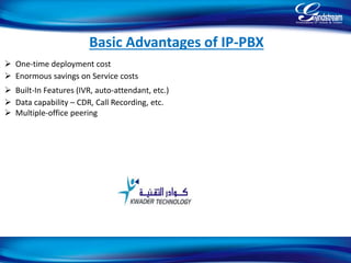Basic Advantages of IP-PBX
 One-time deployment cost
 Enormous savings on Service costs
 Built-In Features (IVR, auto-attendant, etc.)
 Data capability – CDR, Call Recording, etc.
 Multiple-office peering
12
 