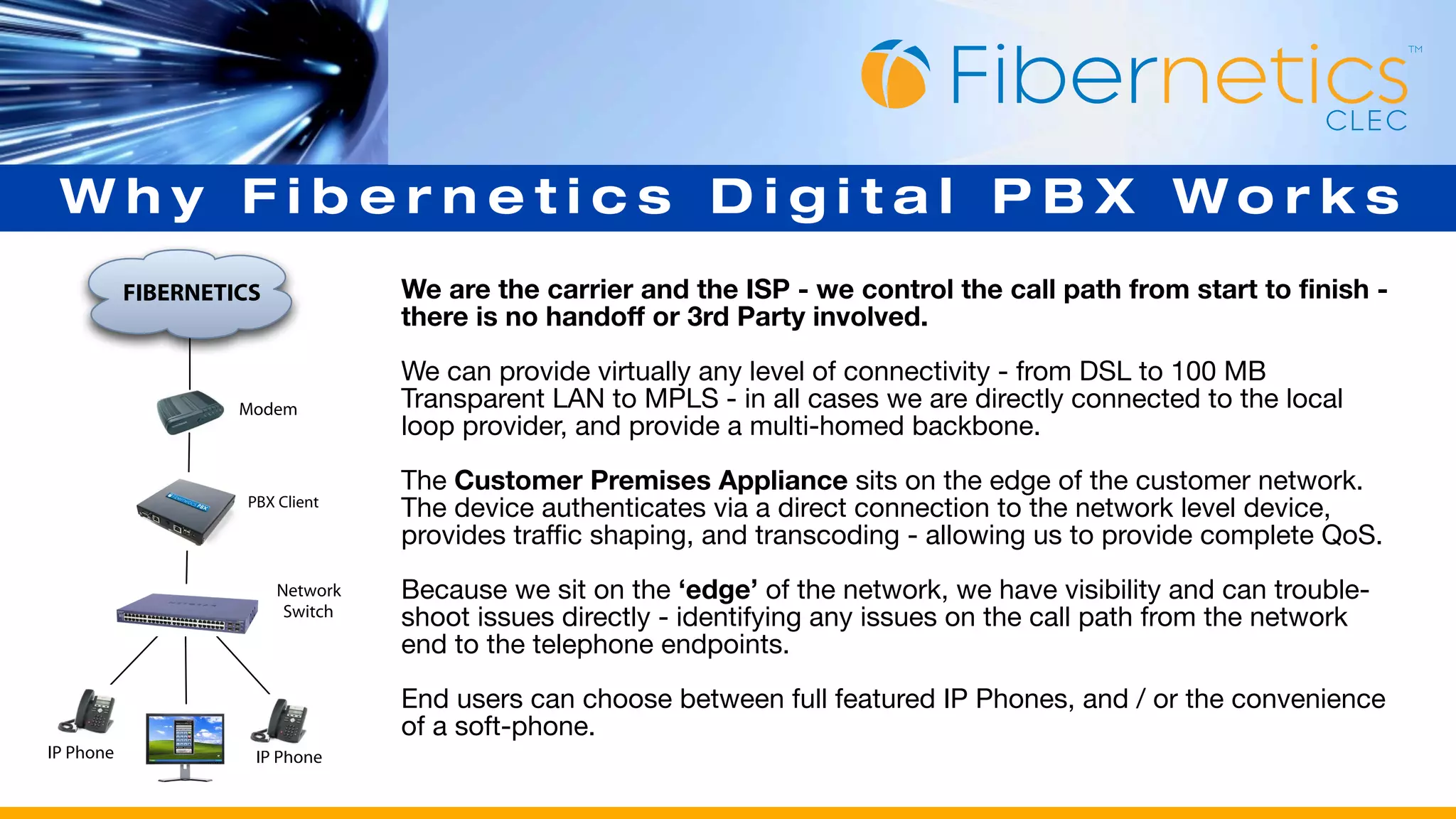 Why Fibernetics Digital PBX Works
           FIBERNETICS             We are the carrier and the ISP - we control the call path from start to finish -
                                   there is no handoff or 3rd Party involved.

                                   We can provide virtually any level of connectivity - from DSL to 100 MB
                    Modem          Transparent LAN to MPLS - in all cases we are directly connected to the local
                                   loop provider, and provide a multi-homed backbone.

                                   The Customer Premises Appliance sits on the edge of the customer network.
                    PBX Client
                                   The device authenticates via a direct connection to the network level device,
                                   provides traffic shaping, and transcoding - allowing us to provide complete QoS.
                         Network   Because we sit on the ‘edge’ of the network, we have visibility and can trouble-
                          Switch   shoot issues directly - identifying any issues on the call path from the network
                                   end to the telephone endpoints.

                                   End users can choose between full featured IP Phones, and / or the convenience
                                   of a soft-phone.
IP Phone             IP Phone
 