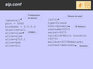 sip.conf

              Configurações                  Número do ramal
              do daemon
[general]                     [9373]
port = 5060                   type=friend
bindaddr = 0.0.0.0            host=dynamic     IP dinâmico
disallow=all                  username=9373
allow=ulaw    CODECs          secret=9373
allow=alaw                    callerid=Helio Loureiro
allow=g723.1                  <9373>
allow=gsm                     mailbox=9373@debianbr
allow=all                     context=debianbr      Domínios
 
