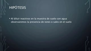 HIPÓTESIS
• Al diluir reactivos en la muestra de suelo con agua
observaremos la presencia de iones o sales en el suelo
 