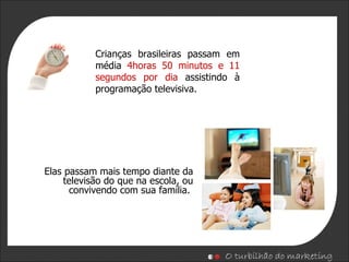 Elas passam mais tempo diante da televisão do que na escola, ou convivendo com sua família.  Crianças brasileiras passam em média  4horas 50 minutos e 11 segundos por dia  assistindo à programação televisiva. 