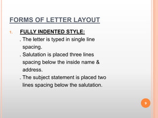 FORMS OF LETTER LAYOUTFULLY INDENTED STYLE:       . The letter is typed in single line         spacing.       . Salutation is placed three lines           spacing below the inside name &           address.       . The subject statement is placed two         lines spacing below the salutation.    9