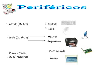 Periféricos  Entrada (INPUT) Saída (OUTPUT) Entrada/Saída (INPUT/OUTPUT) Teclado Rato Monitor Impressora Placa de Rede Modem 