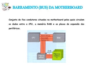 Conjunto de fios condutores situados na motherboard pelos quais circulam os dados entre a CPU, a memória RAM e as placas de expansão dos periféricos.  BARRAMENTO (BUS) DA MOTHERBOARD 