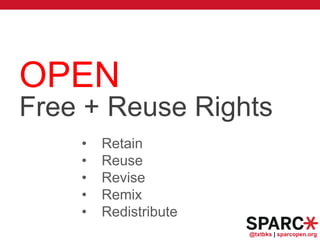 @txtbks | sparcopen.org
OPEN
EDUCATIONAL
RESOURCES
Free + Reuse Rights
• Retain
• Reuse
• Revise
• Remix
• Redistribute
 