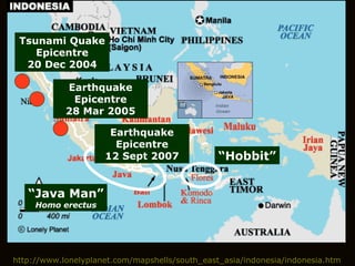 http://www.lonelyplanet.com/mapshells/south_east_asia/indonesia/indonesia.htm “ Hobbit” “ Java Man” Homo erectus Tsunami Quake Epicentre 20 Dec 2004 Earthquake Epicentre 28 Mar 2005 Earthquake Epicentre 12 Sept 2007 