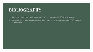 BIBLIOGRAPHY
I. ‘learning , teaching and assessment’ . C. b . Saraswathi , 2016 , s .v . prints .
II. ‘psychology of learning and instructions’ , d r . H . v. vamadevappa , 2013,Shreyas
publications .
 