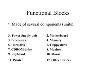 Functional Blocks Made of several components (units).   Power Supply unit 2. Motherboard 3.  Processors  4. Memory 5. Hard disk 6. Floppy drive 7. CDROM drive 8. Monitor 9. Keyboard 10. Mouse 11. Printer  12. Other Devices   