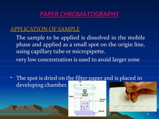 PAPER CHROMATOGRAPHY
APPLICATION OF SAMPLE
The sample to be applied is dissolved in the mobile
phase and applied as a small spot on the origin line,
using capillary tube or micropipette.
very low concentration is used to avoid larger zone
• The spot is dried on the filter paper and is placed in
developing chamber.
11
 