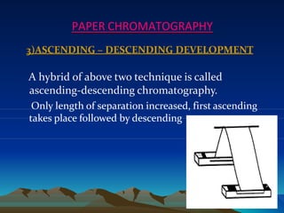 PAPER CHROMATOGRAPHY
3)ASCENDING – DESCENDING DEVELOPMENT
A hybrid of above two technique is called
ascending-descending chromatography.
Only length of separation increased, first ascending
takes place followed by descending
18
 