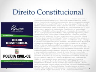 Direito Constitucional
Conteúdo Programático: A Constituição no direito brasileiro. Conceito. Classificação. Elementos integrantes (componentes ou
constitutivos) do Estado. Histórico das constituições Brasileiras. Hierarquia das leis.
Normas Constitucionais. Normas Infraconstitucionais. Normas Infralegais. Constituição
da república federativa do Brasil. Princípios fundamentais da constituição do Brasil.
Direitos e garantias fundamentais. Direitos e Deveres Individuais e Coletivos (art. 5º).
Remédios Constitucionais. Direitos sociais (art. 6º a 11º). Nacionalidade (art. 12º e 13º).
Critérios para a aquisição da nacionalidade. Classificações da nacionalidade.
Apátrida e Polipátrida. Brasileiros natos. Brasileiros naturalizados. Direitos políticos (art.
de 14 a 16). Capacidade eleitoral. Partidos políticos (art. 17º). Organização político-
administrativa: União, Estados, Distrito Federal, Municípios e Territórios. Vedações
comuns à União, aos Estados, ao Distrito Federal e aos Municípios. União. Estados.
Municípios. Distrito Federal. Administração Pública. Conceito. Princípios aplicáveis à
Administração Pública. Agentes Públicos. Acesso e investidura em cargos, empregos
e funções públicas. Remuneração dos servidores e dos agentes políticos. Acúmulo de
cargos públicos, empregos e funções. Servidor público no exercício de mandato
eletivo. Previdência dos Servidores Efetivos. Modalidades de aposentadoria dos
servidores Efetivos. Poderes do Estado. Características essenciais do Poder Político do
Estado. Poder legislativo. Congresso Nacional. Deputados e dos Senadores. Processo
legislativo. Fases do Processo legislativo. Das Leis. Da fiscalização contábil, financeira
e orçamentária. Controle Externo. Tribunais de contas. Controle Interno. Poder
Executivo. Atribuições do presidente da república. Crimes de Responsabilidade do
presidente da República. O processo dos crimes de responsabilidade. Ministros de
Estado. Conselho Da República. Conselho de Defesa Nacional. Poder Judiciário.
Órgãos do poder judiciário. Acesso aos cargos da magistratura e regras de
promoção. A regra do “Quinto Constitucional” (art. 94 da CF/88). Garantias de
independência do Poder Judiciário. Garantias dos membros do Poder Judiciário.
Vedações aos Juízes. Estrutura dos Tribunais do poder Judiciário. Competências para
julgamentos previstas na Constituição Federal. Conselho Nacional de Justiça.
Ministério Público. Órgãos do MP. Garantias dos membros do MP. Vedações aos
membros do MP. Funções dos membros do MP. Advocacia Geral da União.
 