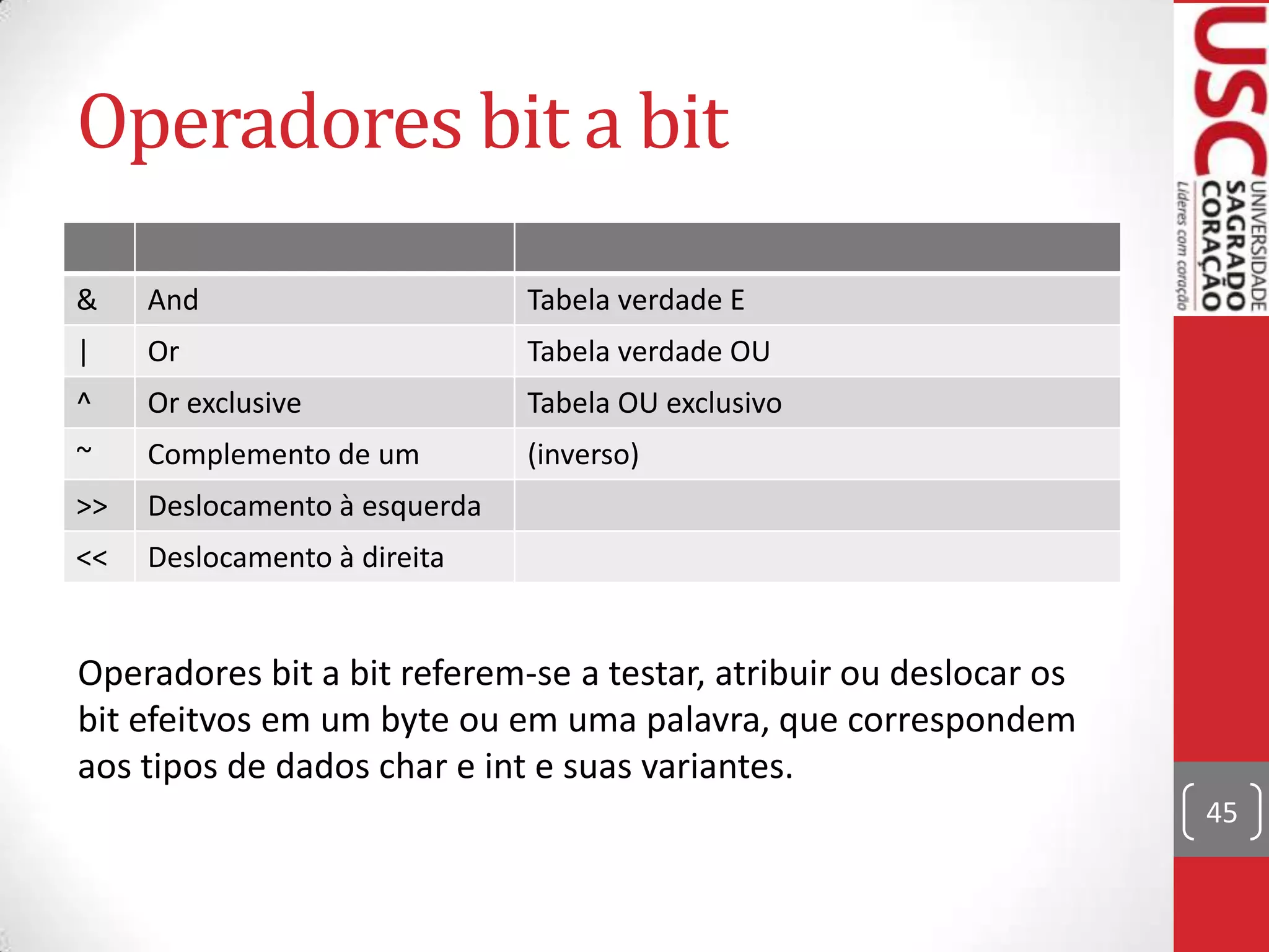 Operadores bit a bit
&

And

Tabela verdade E

|

Or

Tabela verdade OU

^

Or exclusive

Tabela OU exclusivo

~

Complemento de um

(inverso)

>>

Deslocamento à esquerda

<<

Deslocamento à direita

Operadores bit a bit referem-se a testar, atribuir ou deslocar os
bit efeitvos em um byte ou em uma palavra, que correspondem
aos tipos de dados char e int e suas variantes.
45

 
