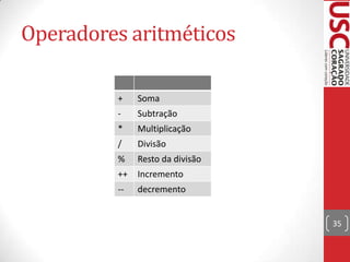 Operadores aritméticos
+

Soma

-

Subtração

*

Multiplicação

/

Divisão

%

Resto da divisão

++

Incremento

--

decremento

35

 